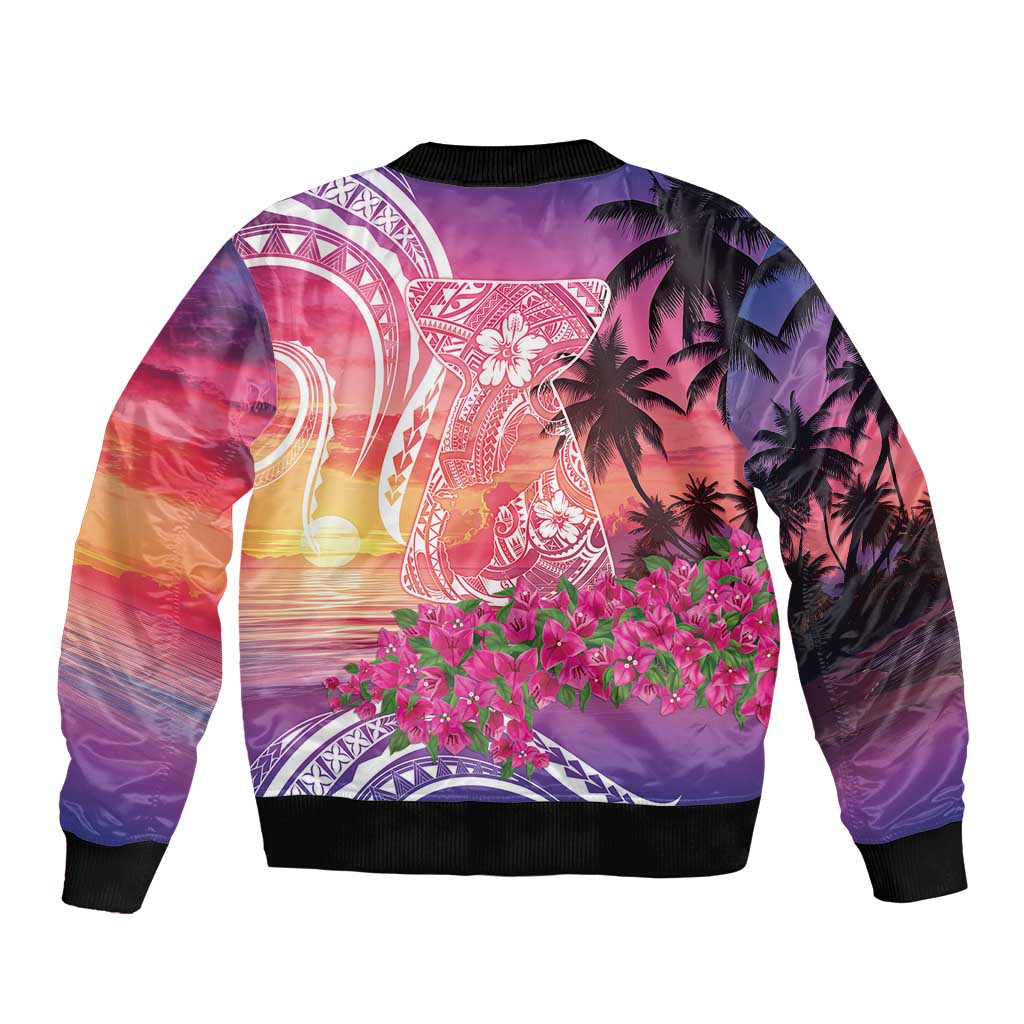 Guam Latte Stone with Map Bomber Jacket Bougainvillea Beach Sunset