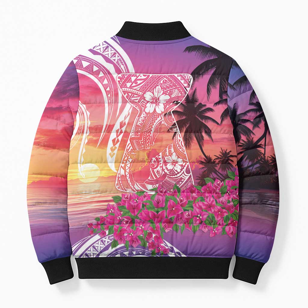 Guam Latte Stone with Map Bomber Puffer Jacket Bougainvillea Beach Sunset - Polynesian Pride