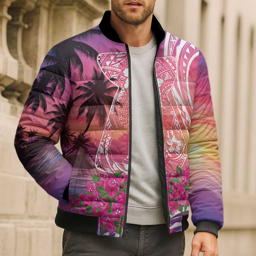 Guam Latte Stone with Map Bomber Puffer Jacket Bougainvillea Beach Sunset - Polynesian Pride