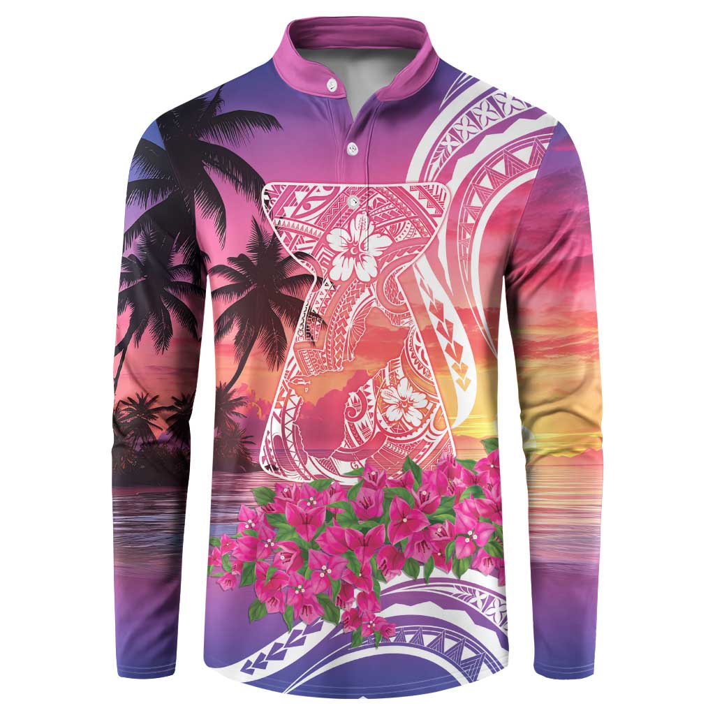Guam Latte Stone with Map Button Sweatshirt Bougainvillea Beach Sunset