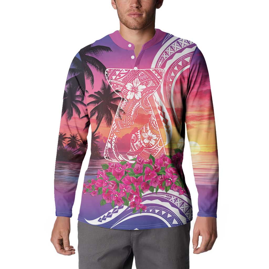 Guam Latte Stone with Map Button Sweatshirt Bougainvillea Beach Sunset
