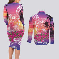Guam Latte Stone with Map Couples Matching Long Sleeve Bodycon Dress and Long Sleeve Button Shirt Bougainvillea Beach Sunset