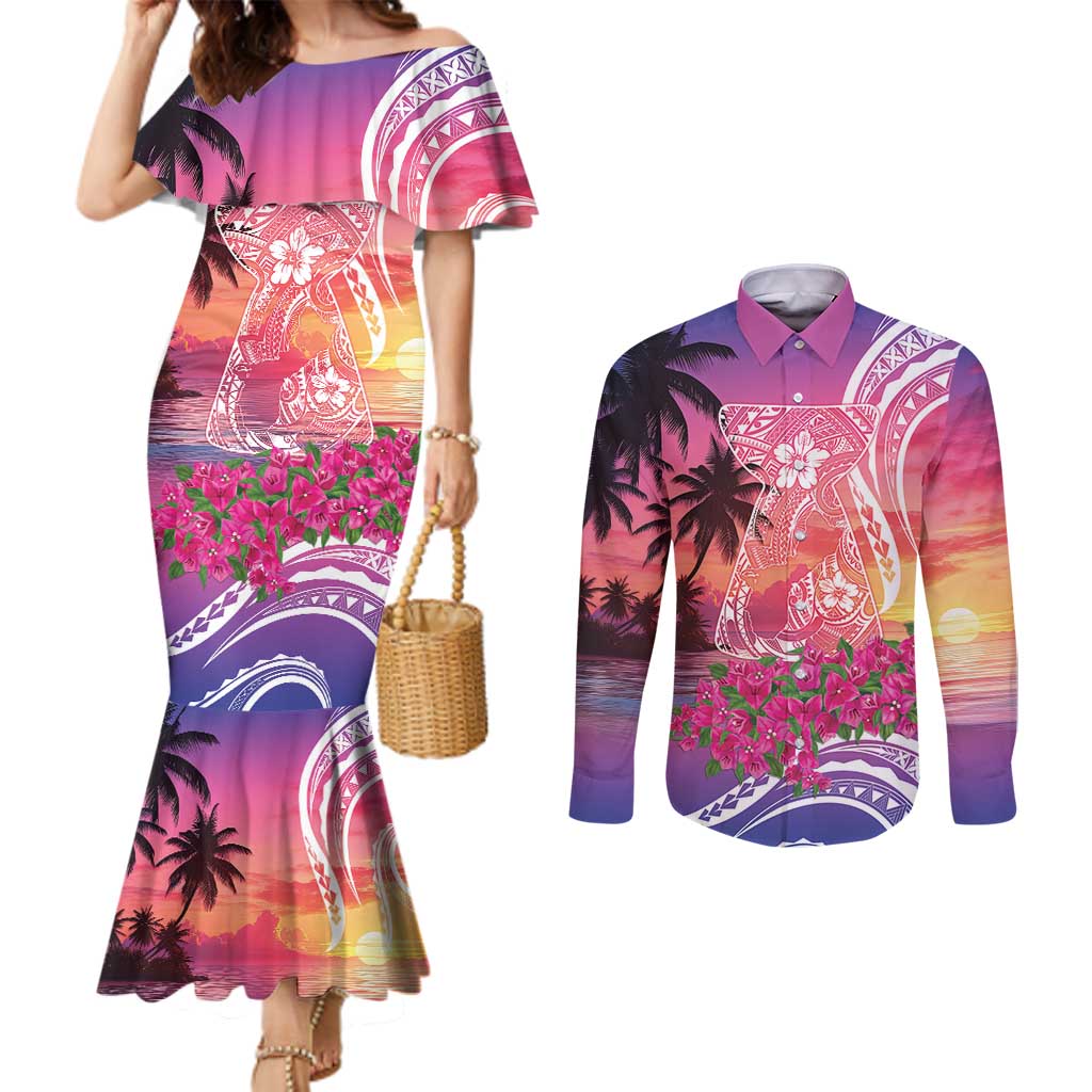 Guam Latte Stone with Map Couples Matching Mermaid Dress and Long Sleeve Button Shirt Bougainvillea Beach Sunset
