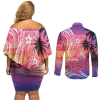 Guam Latte Stone with Map Couples Matching Off Shoulder Short Dress and Long Sleeve Button Shirt Bougainvillea Beach Sunset