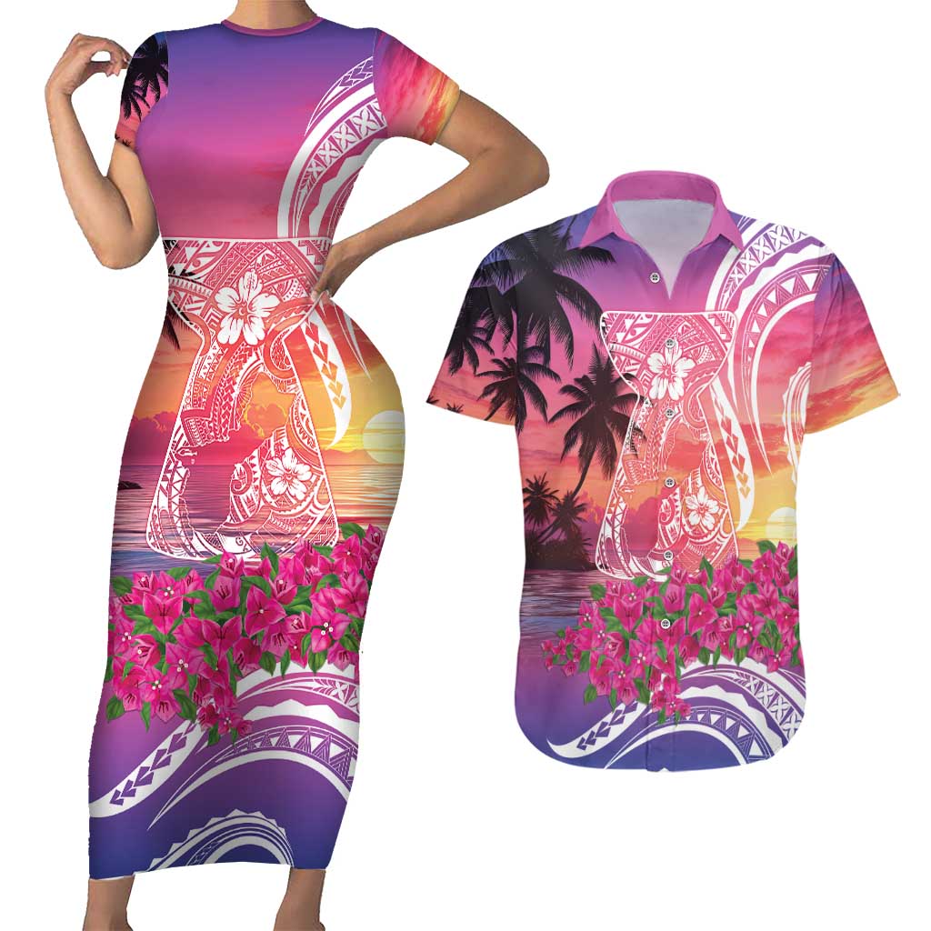 Guam Latte Stone with Map Couples Matching Short Sleeve Bodycon Dress and Hawaiian Shirt Bougainvillea Beach Sunset