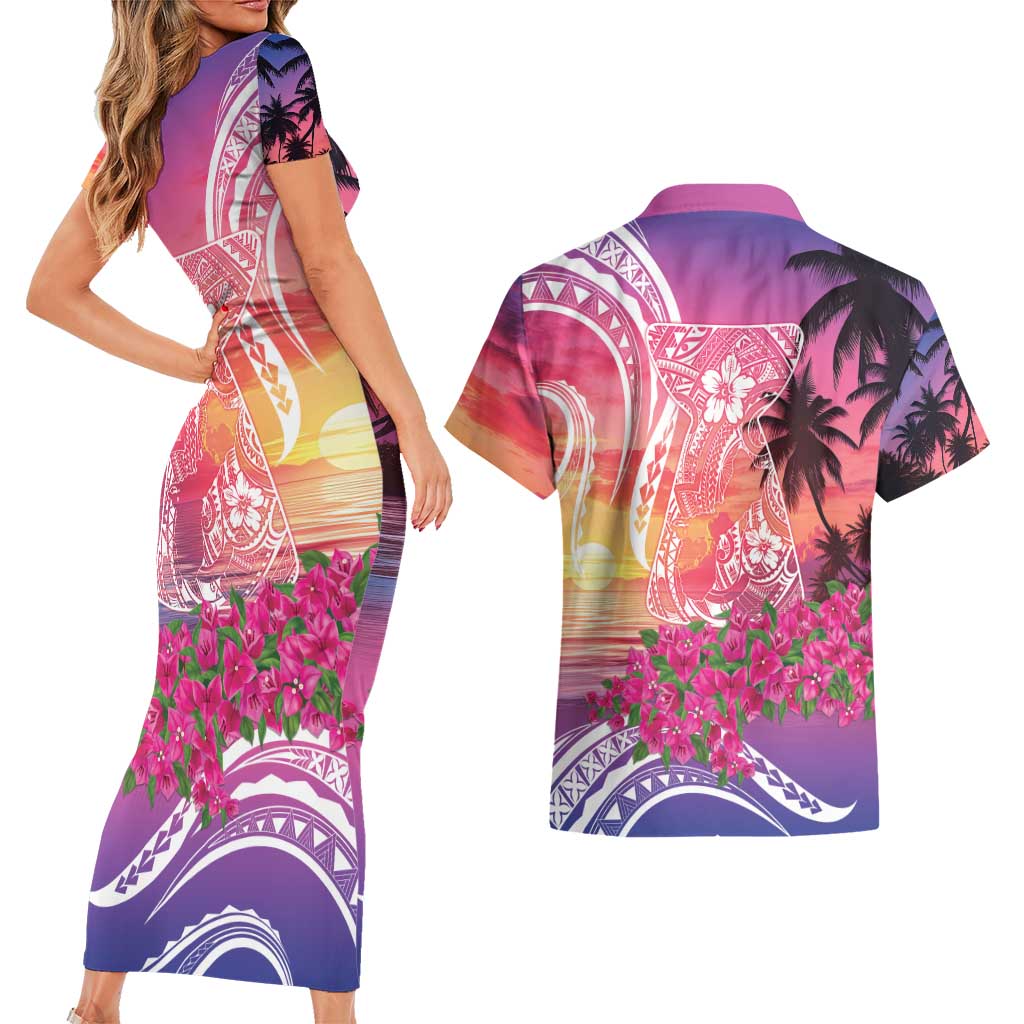 Guam Latte Stone with Map Couples Matching Short Sleeve Bodycon Dress and Hawaiian Shirt Bougainvillea Beach Sunset