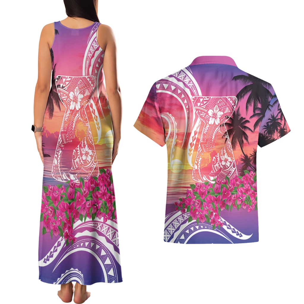Guam Latte Stone with Map Couples Matching Tank Maxi Dress and Hawaiian Shirt Bougainvillea Beach Sunset