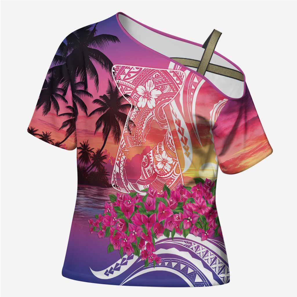 Guam Latte Stone with Map Cross Shoulder Shirt Bougainvillea Beach Sunset - Polynesian Pride