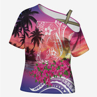 Guam Latte Stone with Map Cross Shoulder Shirt Bougainvillea Beach Sunset LT9 Female Sunset - Polynesian Pride