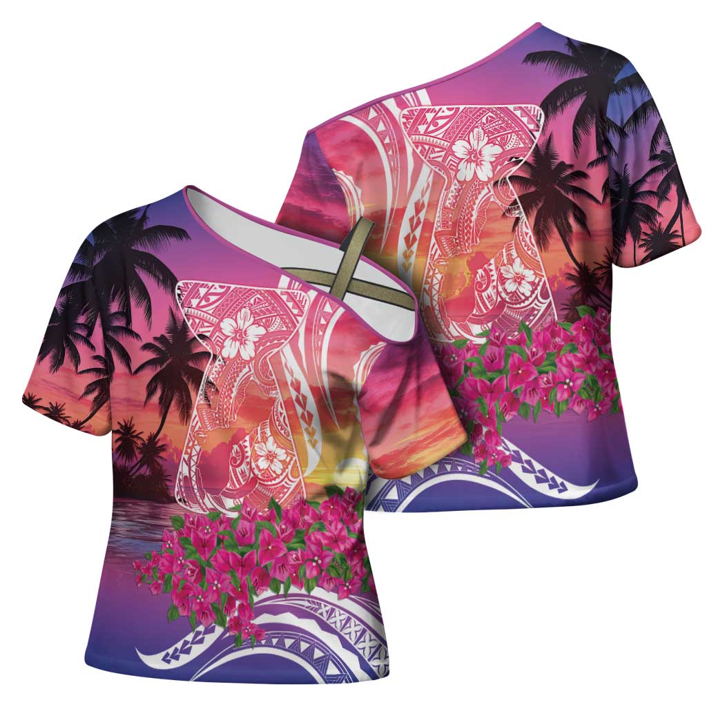 Guam Latte Stone with Map Cross Shoulder Shirt Bougainvillea Beach Sunset LT9 - Polynesian Pride