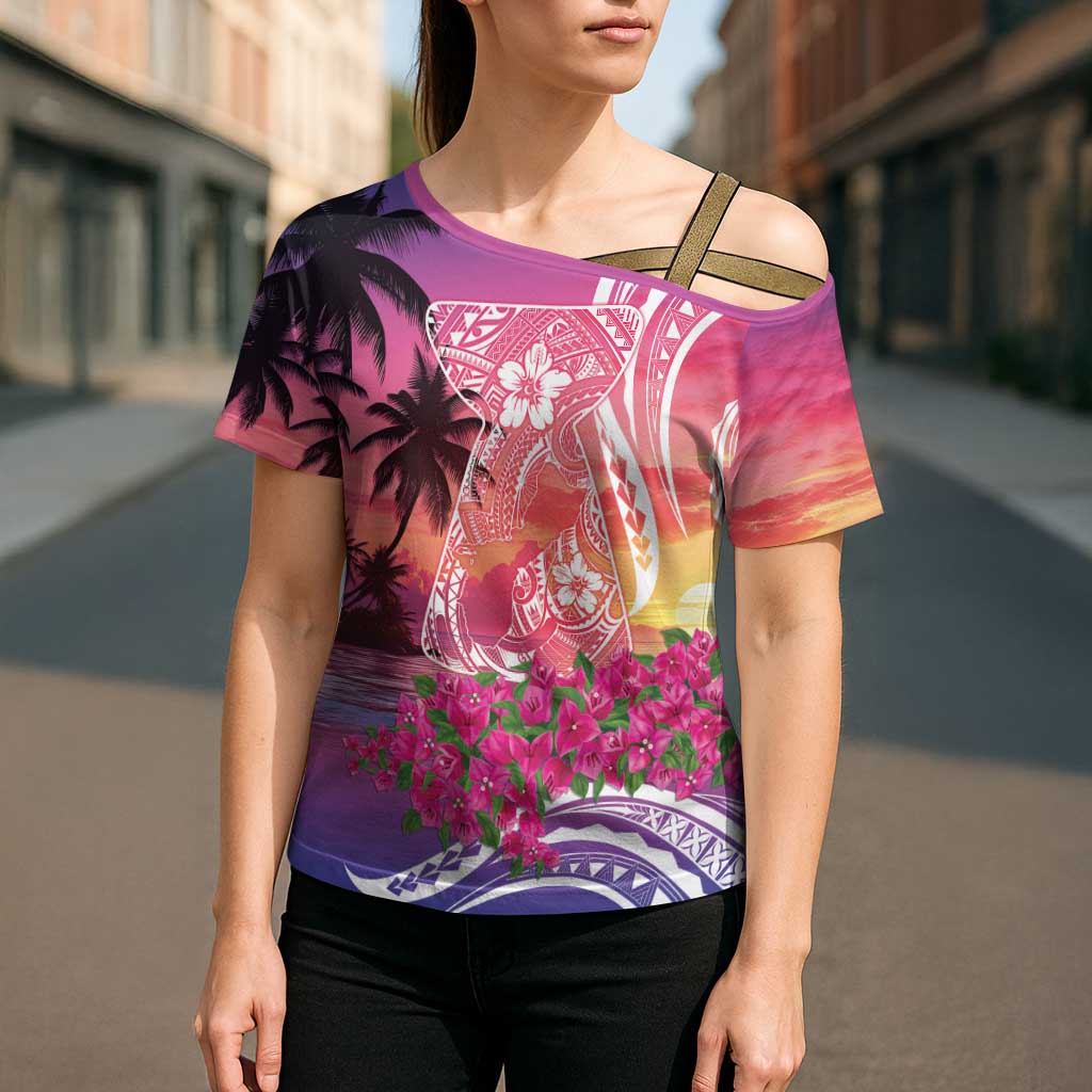 Guam Latte Stone with Map Cross Shoulder Shirt Bougainvillea Beach Sunset LT9 - Polynesian Pride