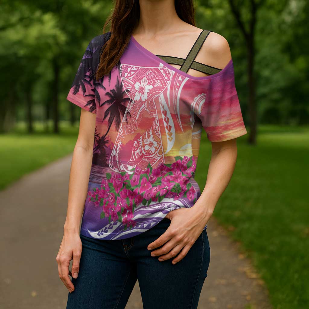 Guam Latte Stone with Map Cross Shoulder Shirt Bougainvillea Beach Sunset LT9 - Polynesian Pride