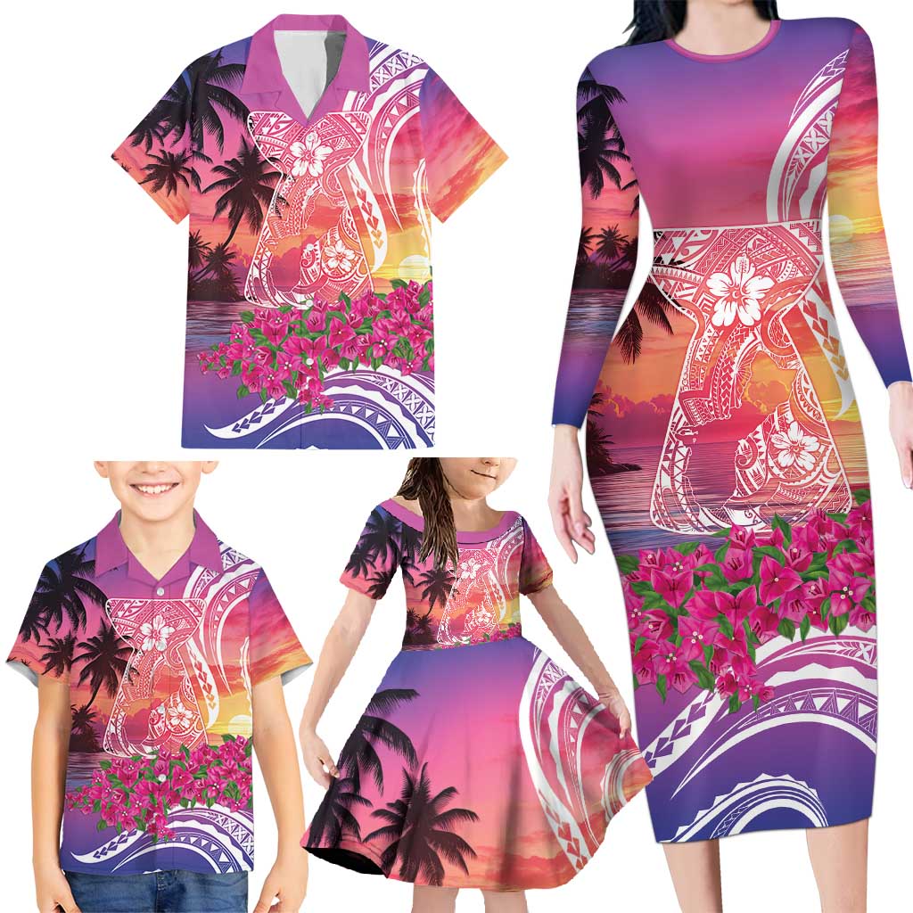 Guam Latte Stone with Map Family Matching Long Sleeve Bodycon Dress and Hawaiian Shirt Bougainvillea Beach Sunset
