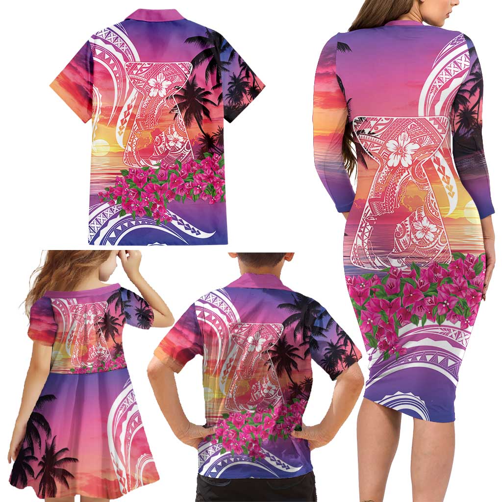 Guam Latte Stone with Map Family Matching Long Sleeve Bodycon Dress and Hawaiian Shirt Bougainvillea Beach Sunset