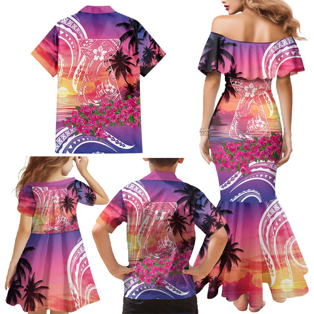 Guam Latte Stone with Map Family Matching Mermaid Dress and Hawaiian Shirt Bougainvillea Beach Sunset