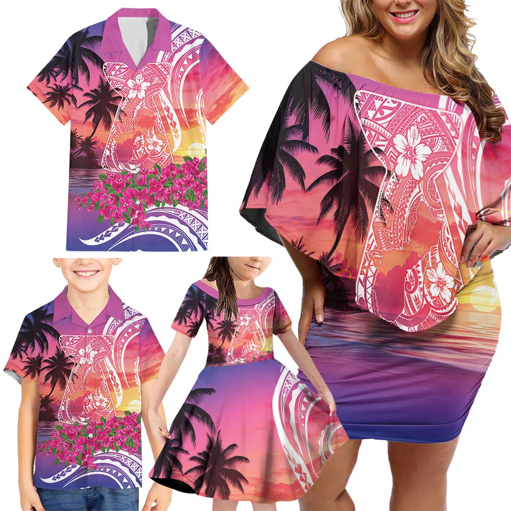 Guam Latte Stone with Map Family Matching Off Shoulder Short Dress and Hawaiian Shirt Bougainvillea Beach Sunset