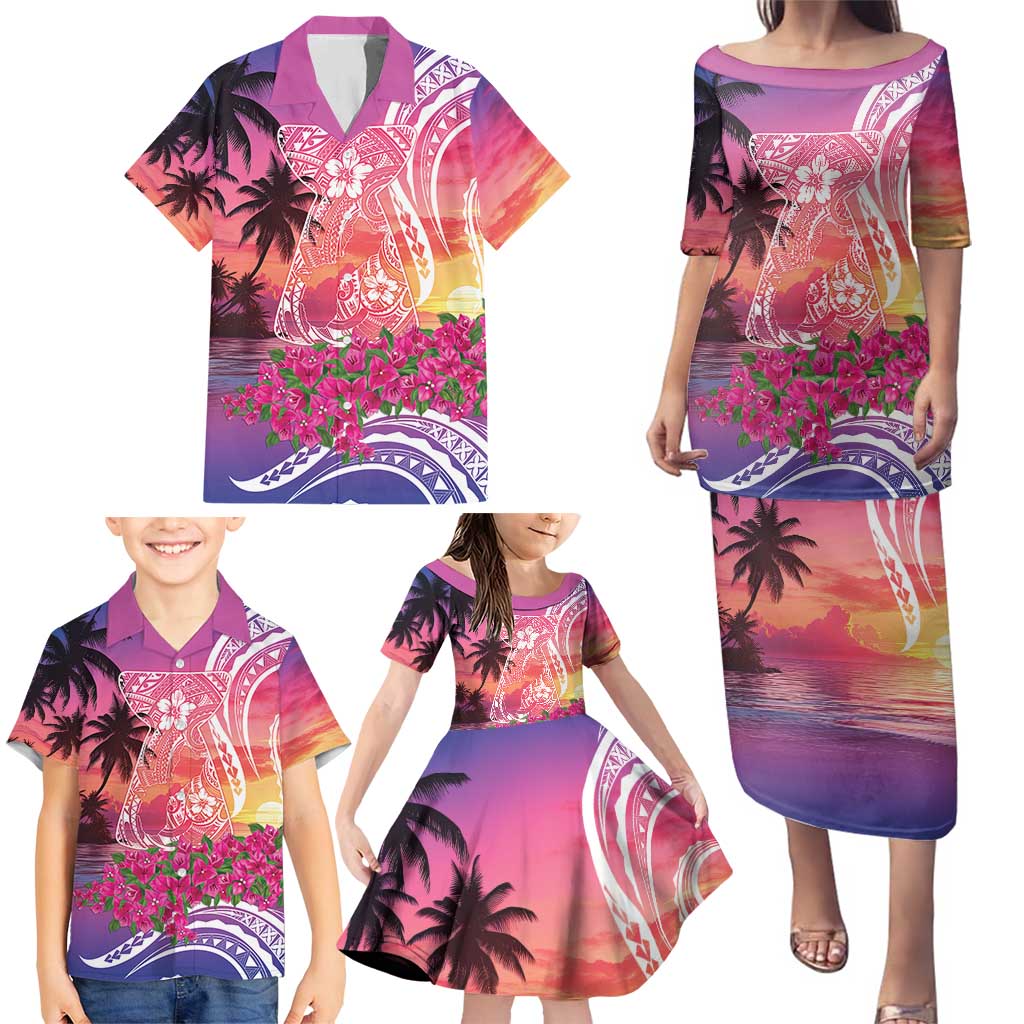 Guam Latte Stone with Map Family Matching Puletasi and Hawaiian Shirt Bougainvillea Beach Sunset
