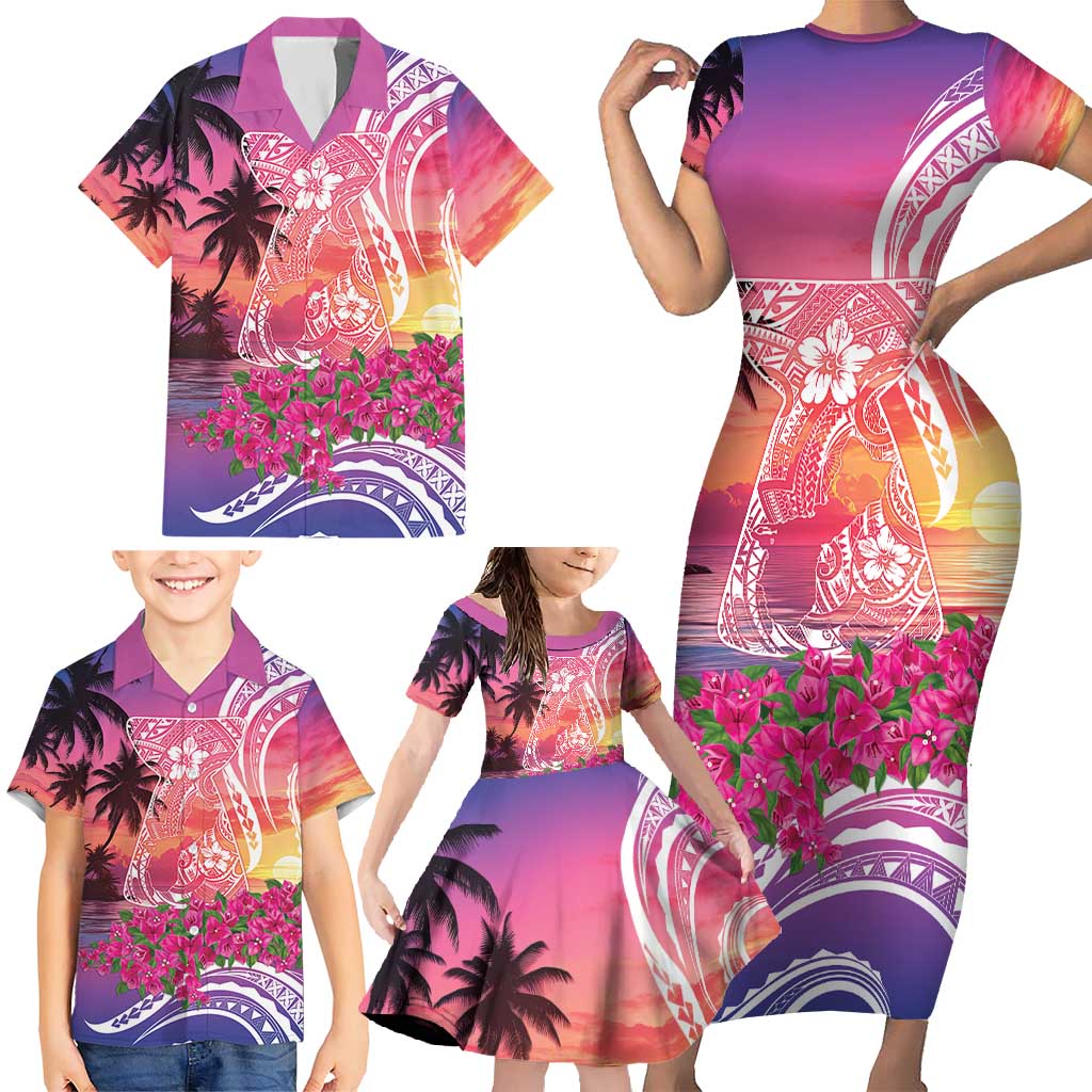 Guam Latte Stone with Map Family Matching Short Sleeve Bodycon Dress and Hawaiian Shirt Bougainvillea Beach Sunset