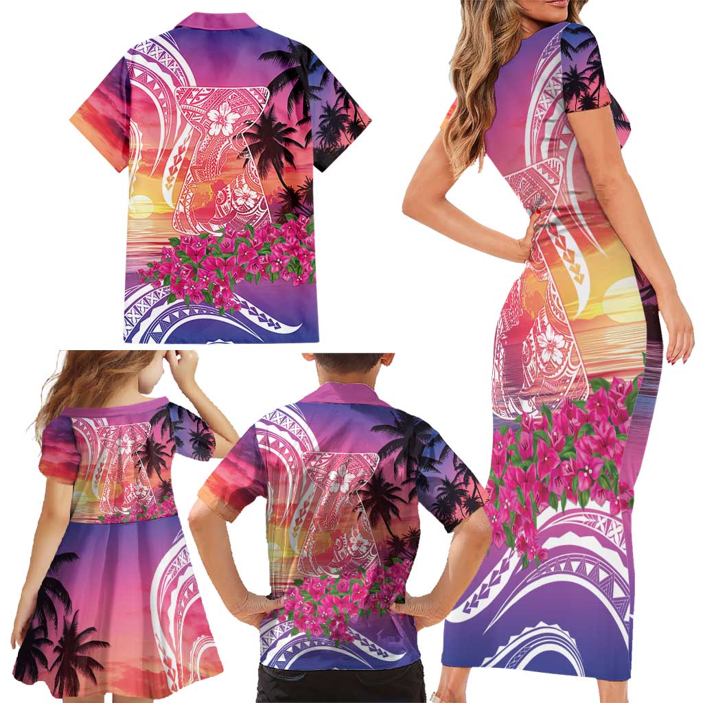 Guam Latte Stone with Map Family Matching Short Sleeve Bodycon Dress and Hawaiian Shirt Bougainvillea Beach Sunset