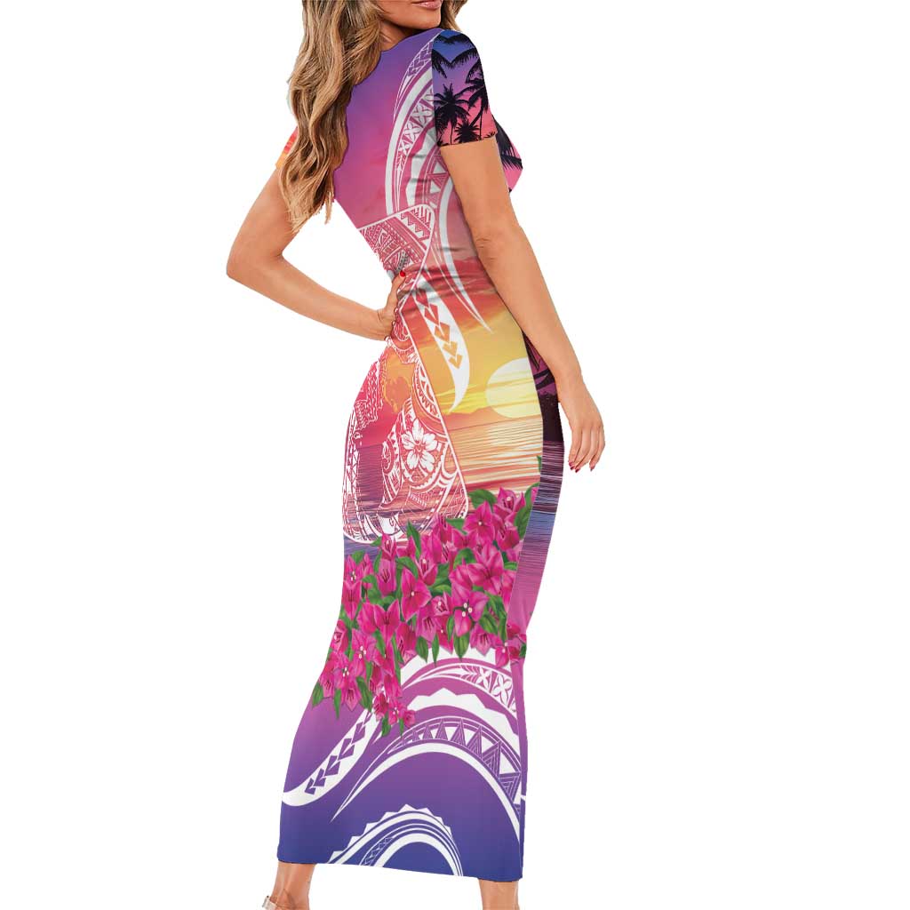 Guam Latte Stone with Map Family Matching Short Sleeve Bodycon Dress and Hawaiian Shirt Bougainvillea Beach Sunset