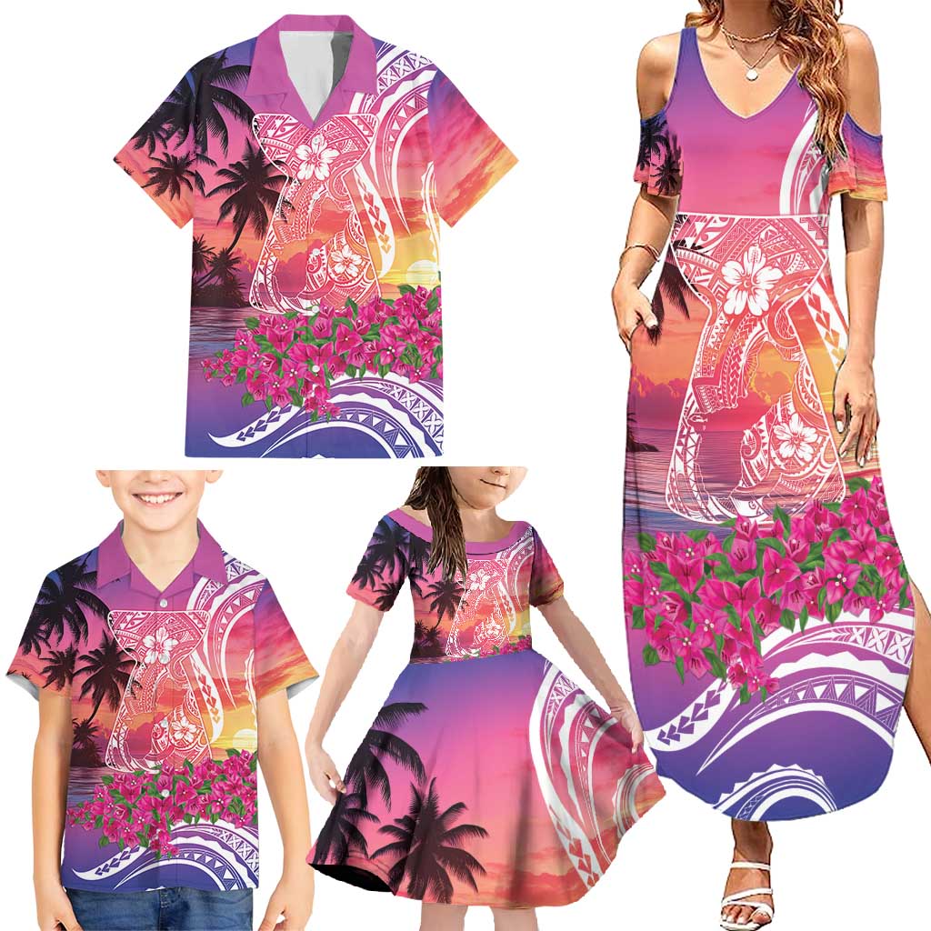 Guam Latte Stone with Map Family Matching Summer Maxi Dress and Hawaiian Shirt Bougainvillea Beach Sunset