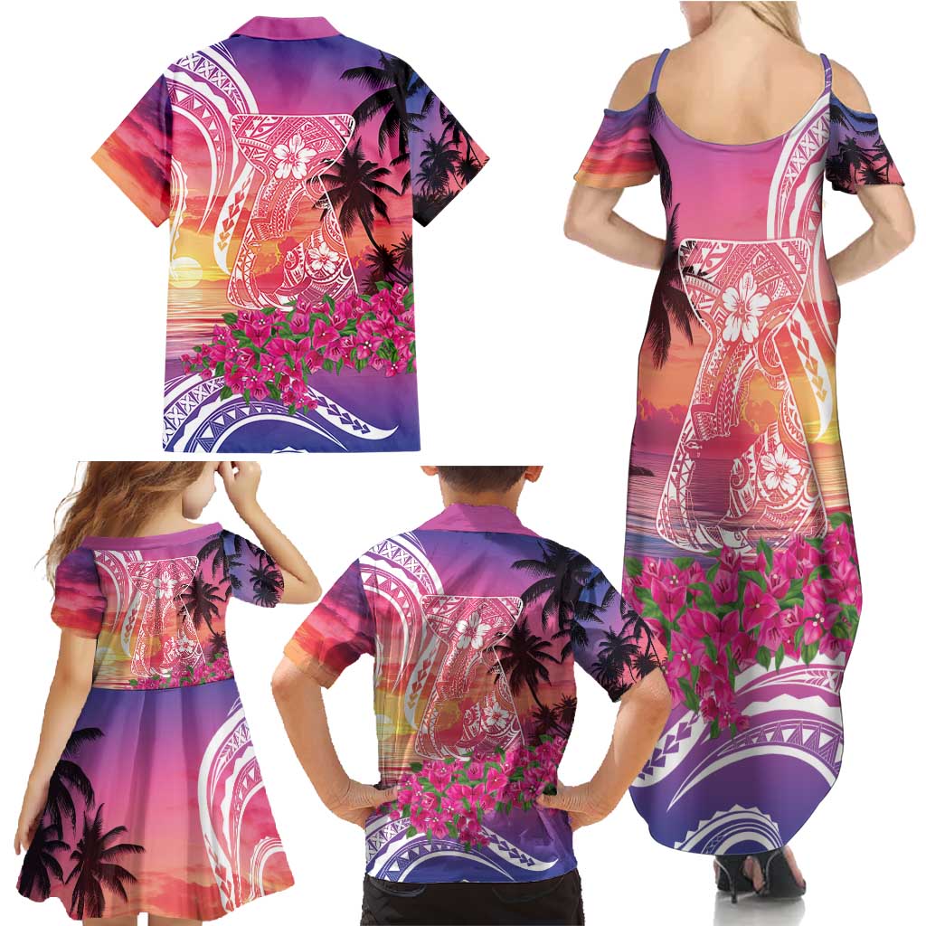 Guam Latte Stone with Map Family Matching Summer Maxi Dress and Hawaiian Shirt Bougainvillea Beach Sunset