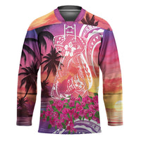 Guam Latte Stone with Map Hockey Jersey Bougainvillea Beach Sunset - Polynesian Pride