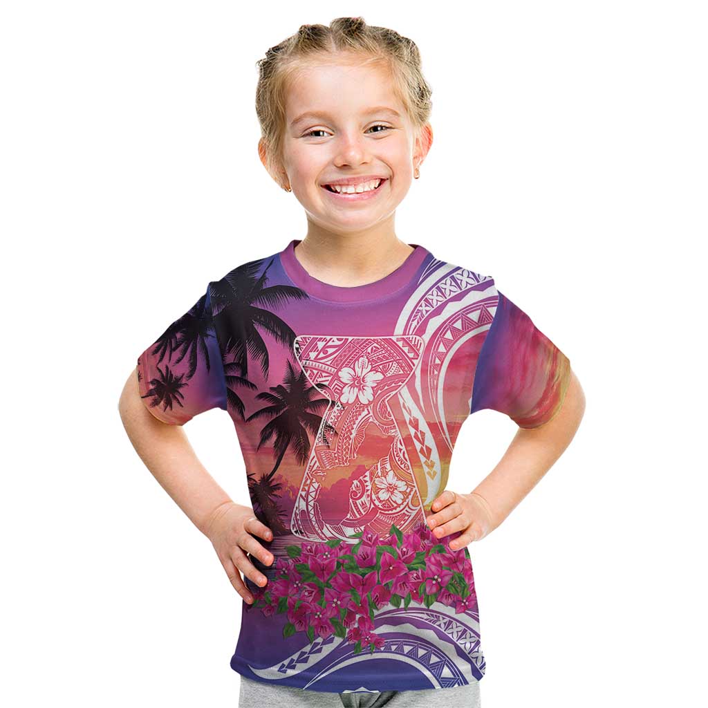 Guam Latte Stone with Map Kid T Shirt Bougainvillea Beach Sunset