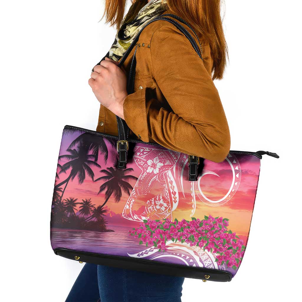 Guam Latte Stone with Map Leather Tote Bag Bougainvillea Beach Sunset