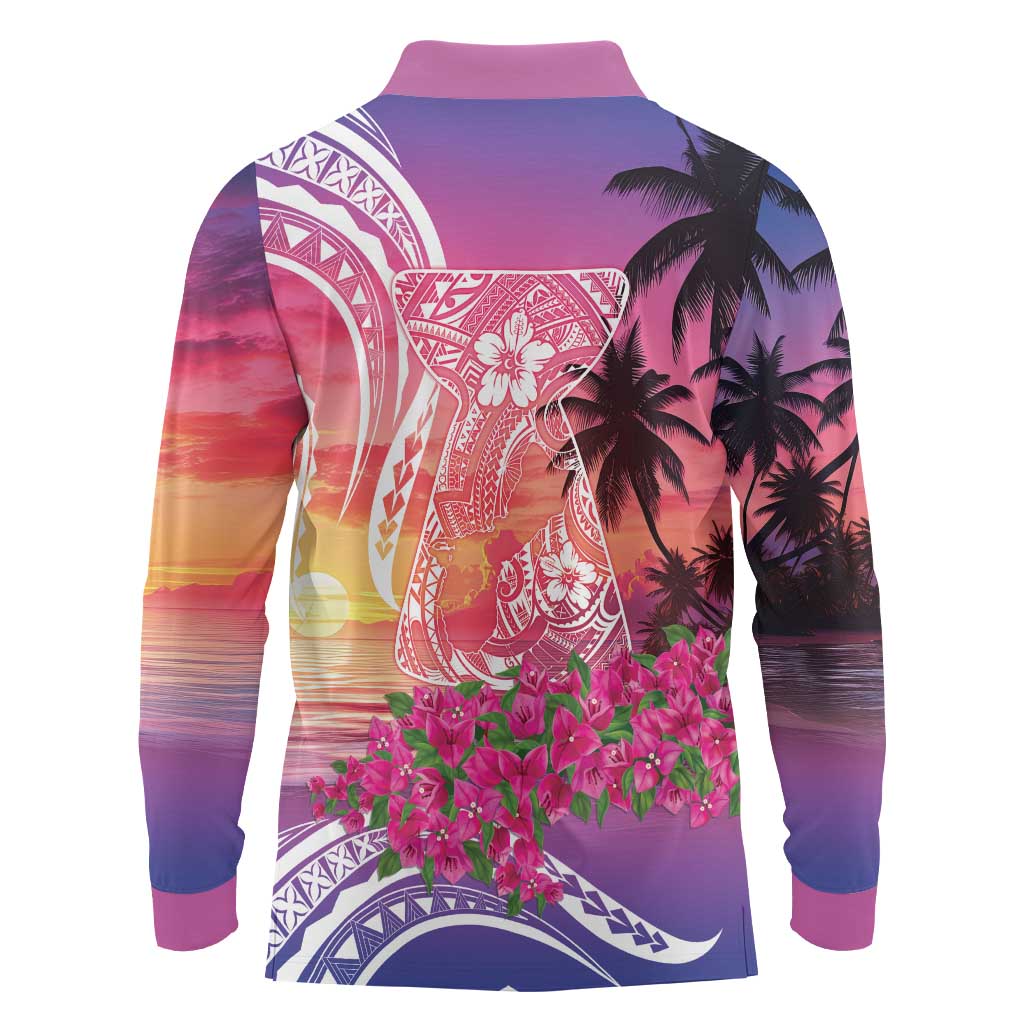 Guam Latte Stone with Map Long Sleeve Polo Shirt Bougainvillea Beach Sunset