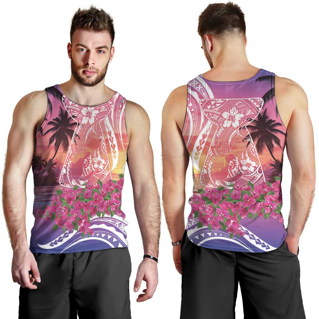 Guam Latte Stone with Map Men Tank Top Bougainvillea Beach Sunset