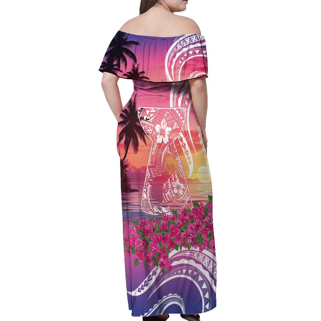 Guam Latte Stone with Map Off Shoulder Maxi Dress Bougainvillea Beach Sunset