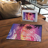 Guam Latte Stone with Map Puzzle Bougainvillea Beach Sunset - Polynesian Pride