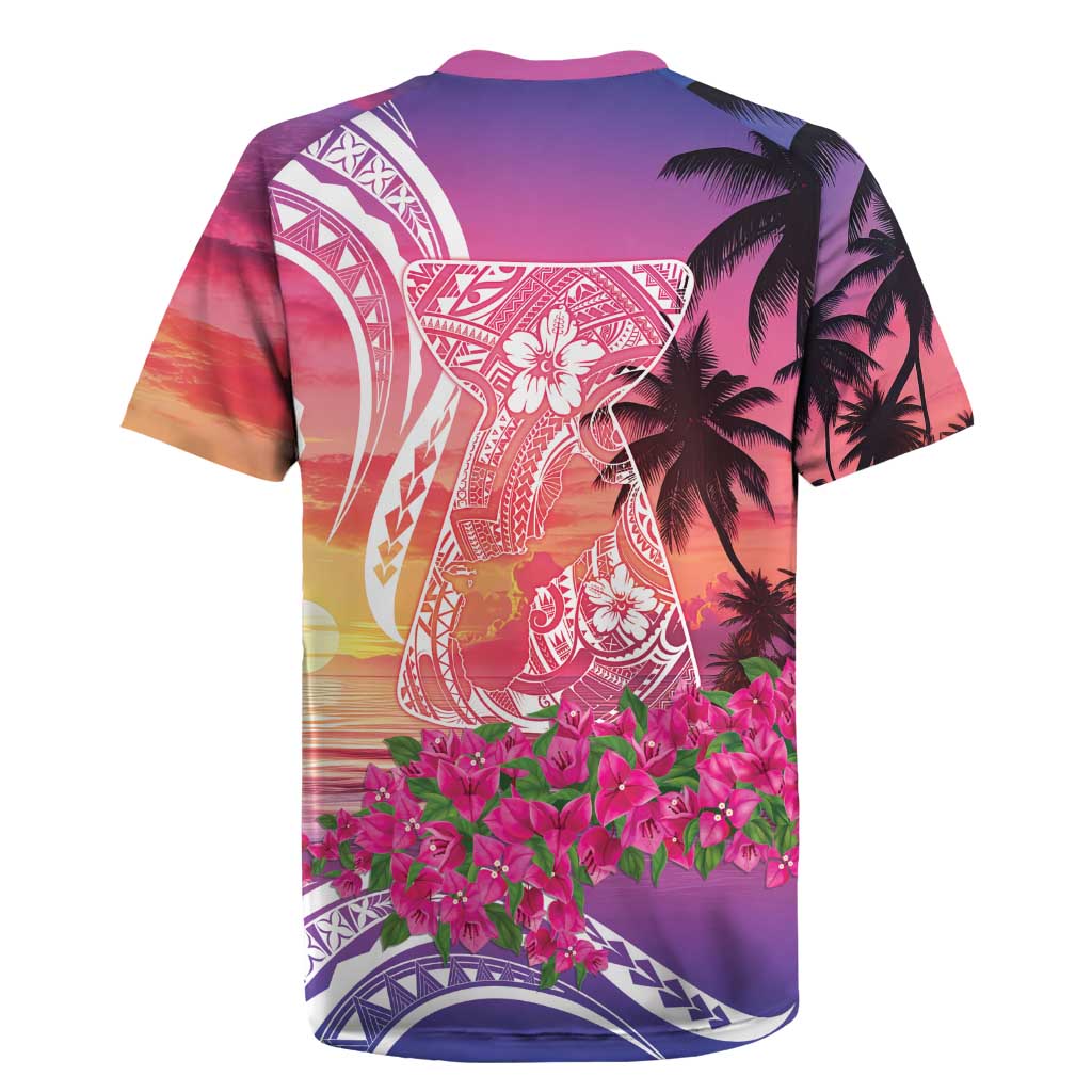 Guam Latte Stone with Map Rugby Jersey Bougainvillea Beach Sunset