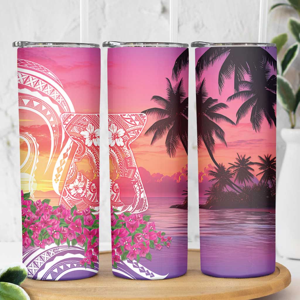 Guam Latte Stone with Map Skinny Tumbler Bougainvillea Beach Sunset