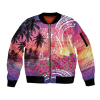 Guam Latte Stone with Map Sleeve Zip Bomber Jacket Bougainvillea Beach Sunset