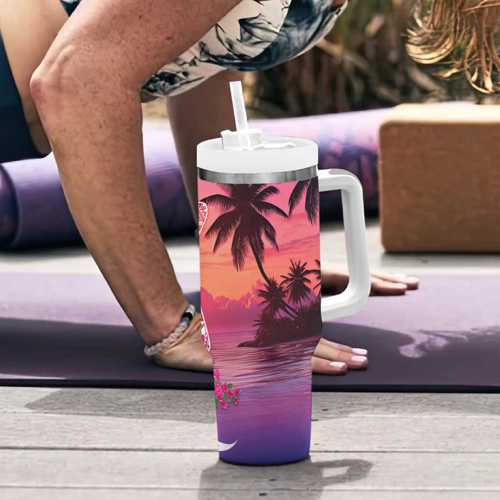 Guam Latte Stone with Map Tumbler With Handle Bougainvillea Beach Sunset