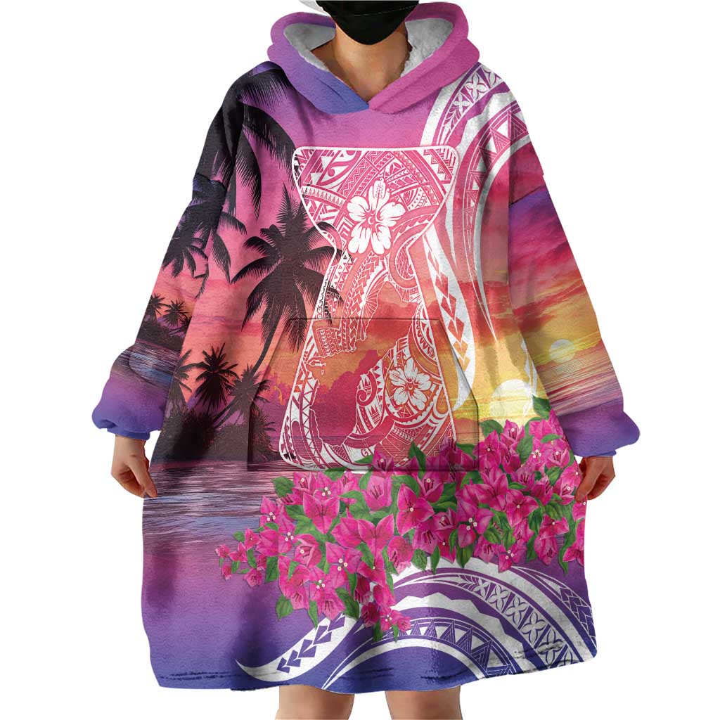 Guam Latte Stone with Map Wearable Blanket Hoodie Bougainvillea Beach Sunset