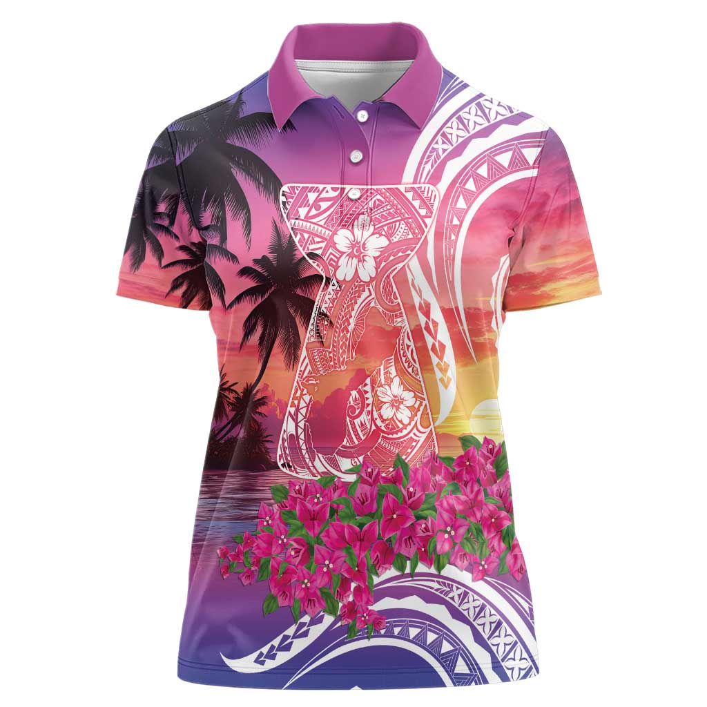 Guam Latte Stone with Map Women Polo Shirt Bougainvillea Beach Sunset