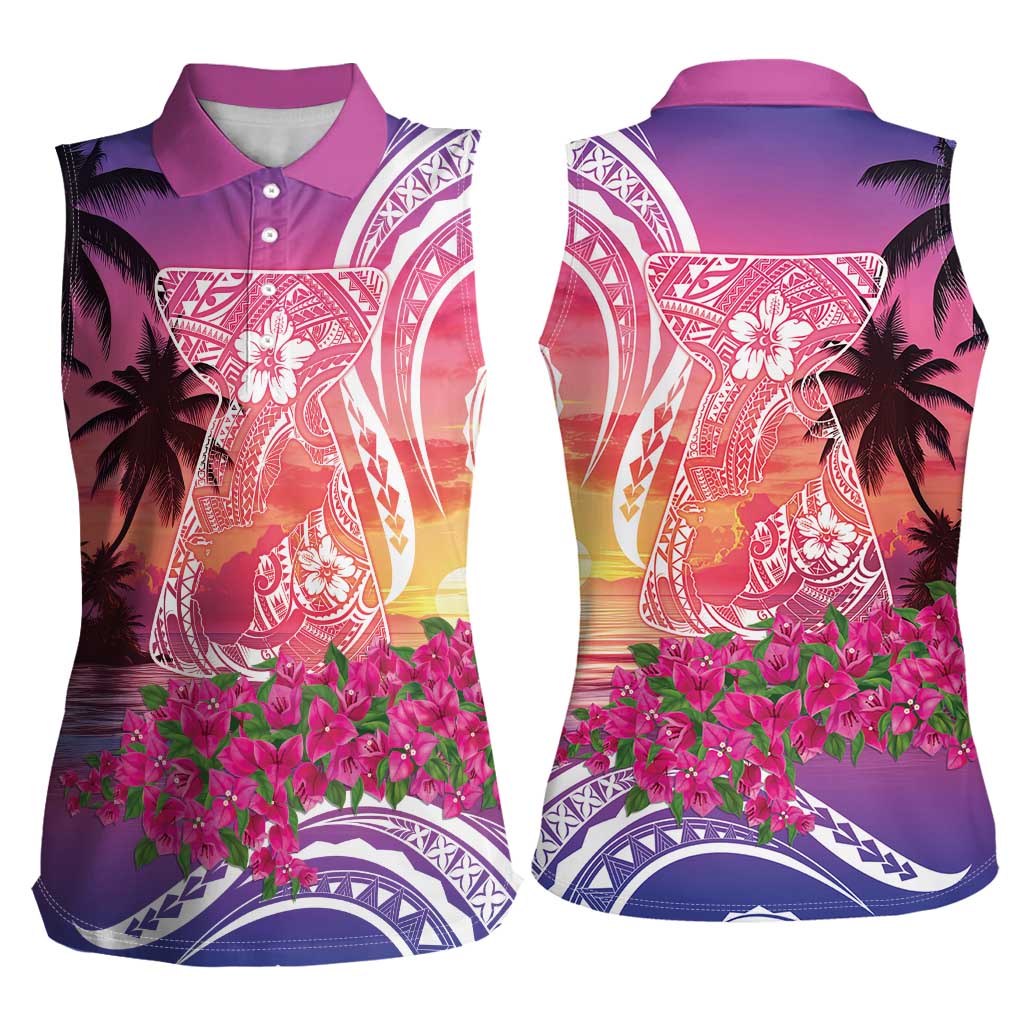 Guam Latte Stone with Map Women Sleeveless Polo Shirt Bougainvillea Beach Sunset