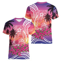 Guam Latte Stone with Map Women V-Neck T-Shirt Bougainvillea Beach Sunset