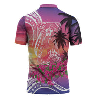 Guam Latte Stone with Map Zipper Polo Shirt Bougainvillea Beach Sunset - Polynesian Pride