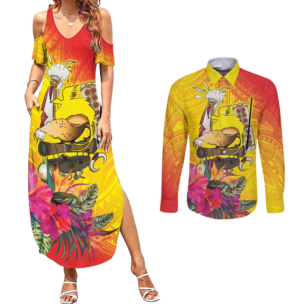 Papua New Guinea Cultural Tropical Flowers Couples Matching Summer Maxi Dress and Long Sleeve Button Shirt LT9 Gold - Polynesian Pride