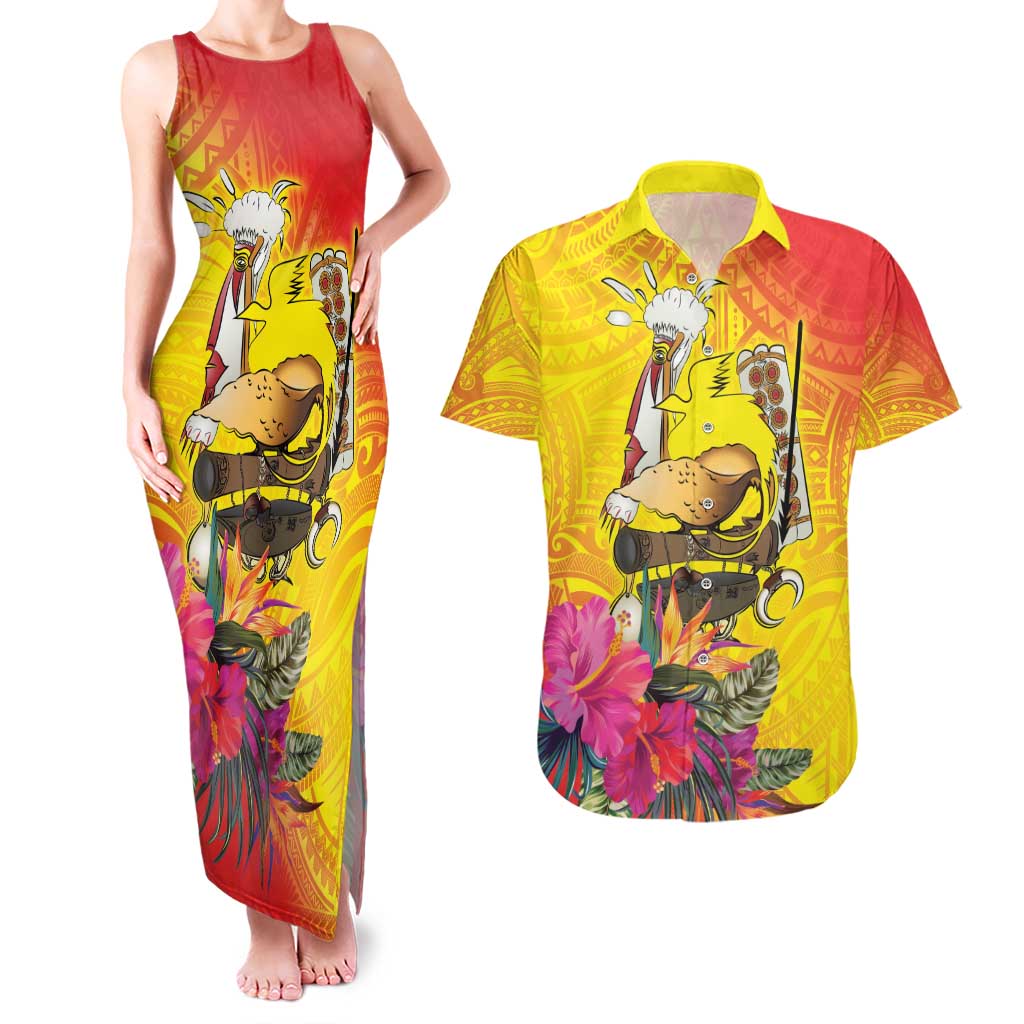 Papua New Guinea Cultural Tropical Flowers Couples Matching Tank Maxi Dress and Hawaiian Shirt LT9 Gold - Polynesian Pride