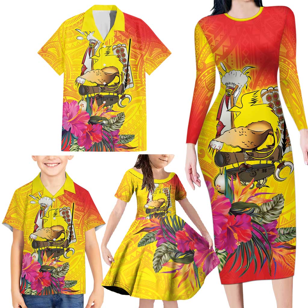 Papua New Guinea Cultural Tropical Flowers Family Matching Long Sleeve Bodycon Dress and Hawaiian Shirt