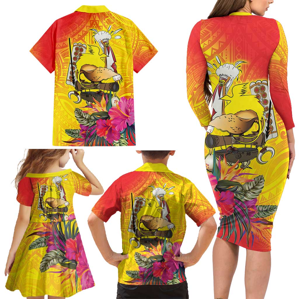 Papua New Guinea Cultural Tropical Flowers Family Matching Long Sleeve Bodycon Dress and Hawaiian Shirt