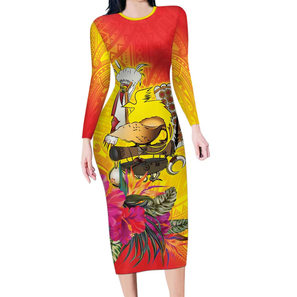 Papua New Guinea Cultural Tropical Flowers Family Matching Long Sleeve Bodycon Dress and Hawaiian Shirt