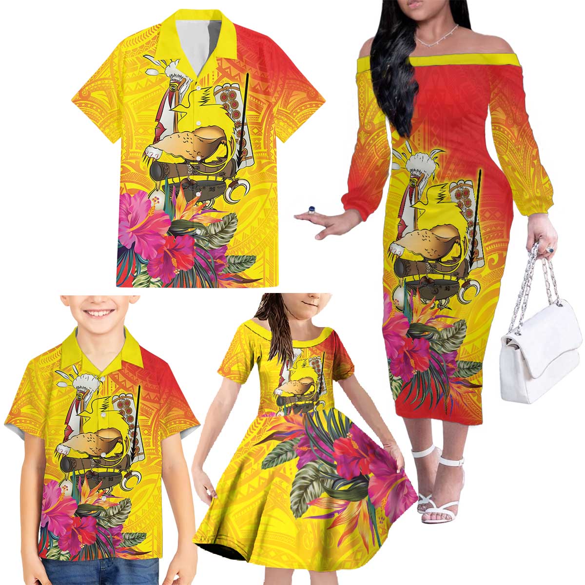 Papua New Guinea Cultural Tropical Flowers Family Matching Off The Shoulder Long Sleeve Dress and Hawaiian Shirt