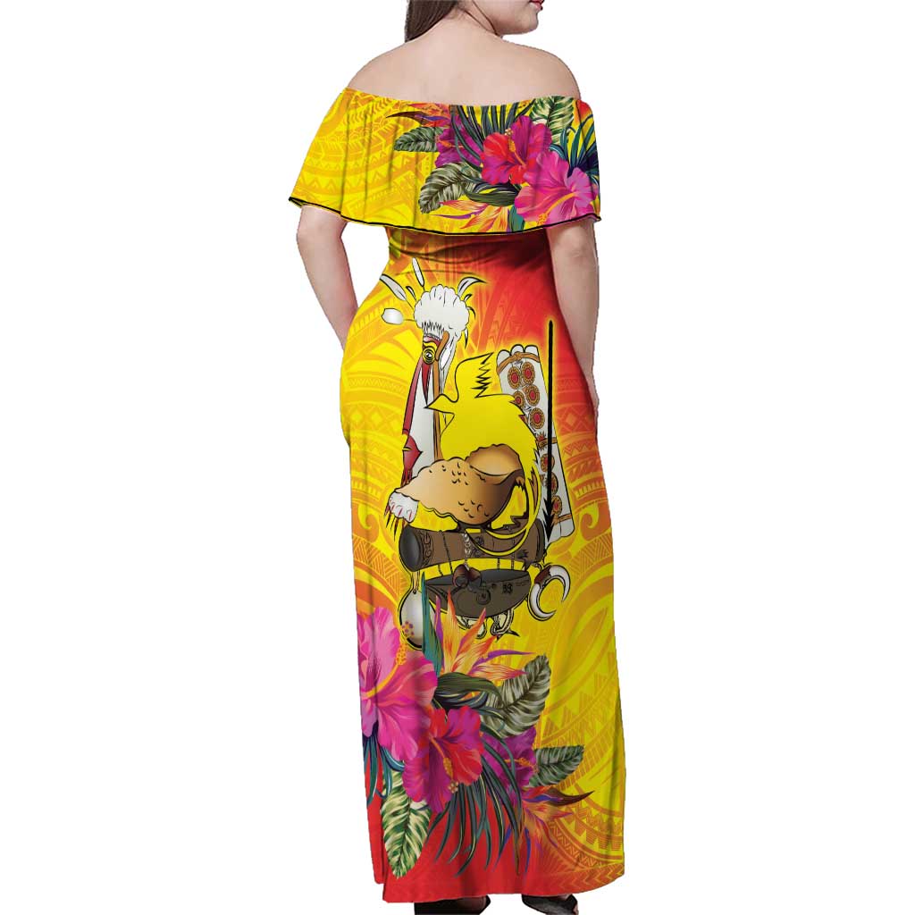 Papua New Guinea Cultural Tropical Flowers Family Matching Off Shoulder Maxi Dress and Hawaiian Shirt