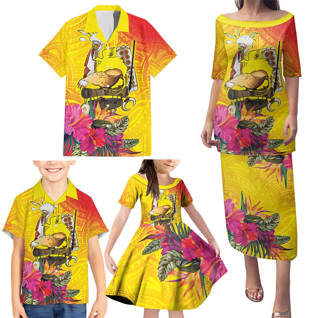 Papua New Guinea Cultural Tropical Flowers Family Matching Puletasi and Hawaiian Shirt
